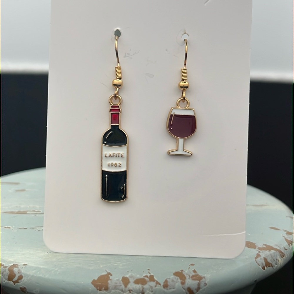 🍷 WINE BOTTLE & WINE GLASS MISMATCHED DANGLE EARRINGS